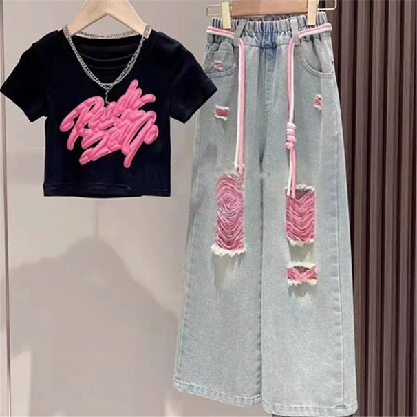Nuovo design per abbigliamento estivo per bambine 2025 - Jeans a maniche corte con foro e graffiti in stile coreano per bambine di taglia grande_voghion.com