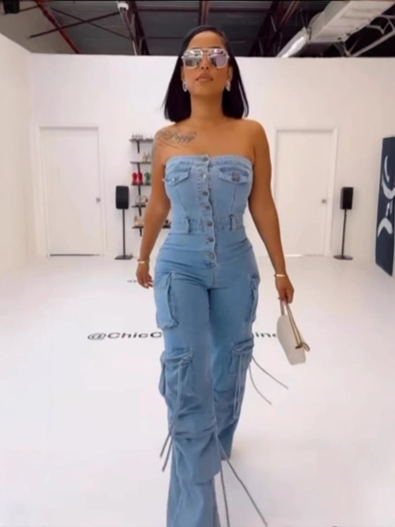 Damenbekleidung Neues Tube Top Multi Pocket Workwear Jeans Jumpsuit Anzug Multi Button_voghion.com