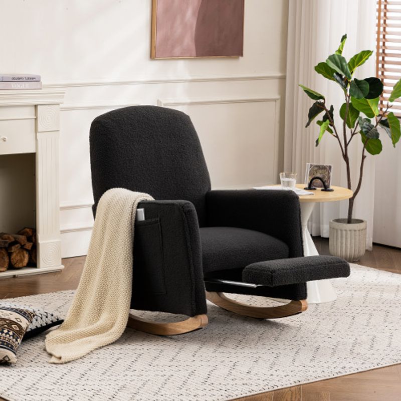 044 Schaukelstuhl Mit Hocker, Relaxsessel Mit Ottomane, Schaukelstuhl Für Den Innenbereich Mit Hoher Rückenlehne Für Das Wohnzimmer, Dunkelgrauer Teddy-Stoff_voghion.com