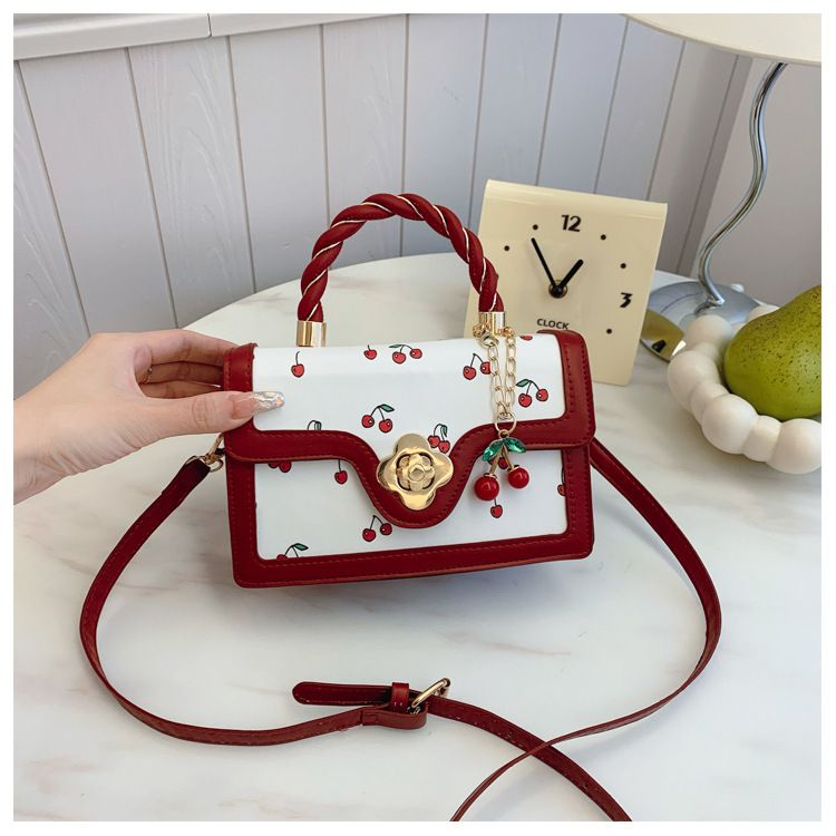 Borsa a tracolla monospalla con stampa autunnale di ciliegie, fresca e alla moda, piccola borsa quadrata_voghion.com