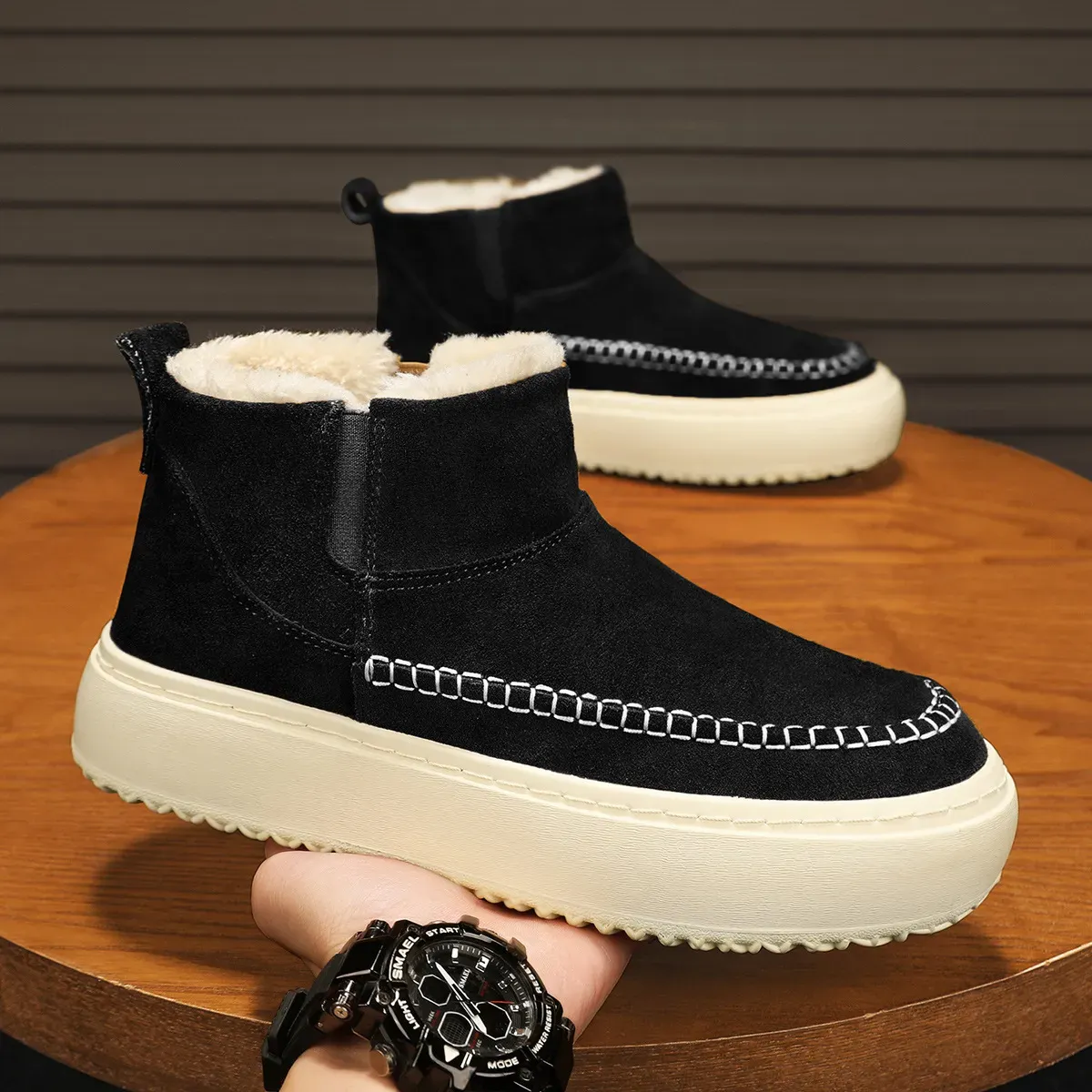 Men Boots Winter New Fashion Simple Style Designer Versatile Thick Sole Plush Cotton Shoes Warm Triple Black Khaki Free_voghion.com