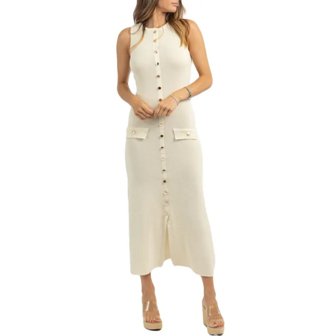 Summer New Women's Round Neck Single-Breasted Sleeveless Pocket Decorated Knitted Slim Long Dress_voghion.com