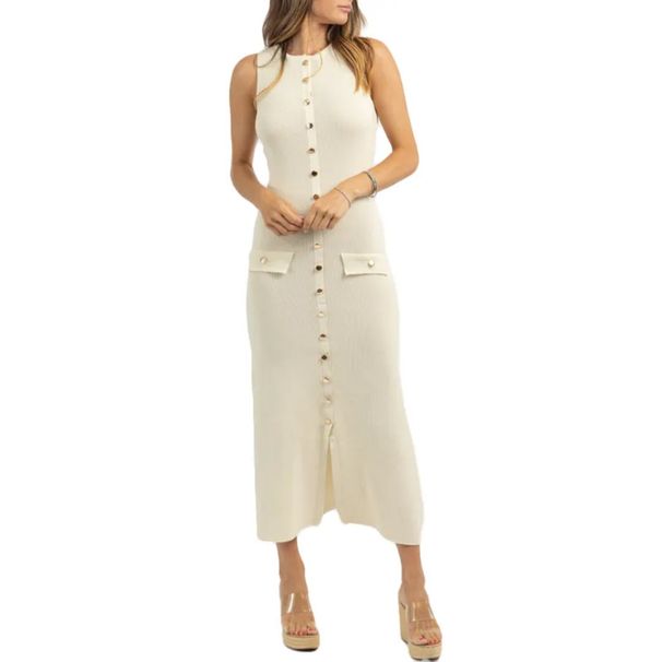 Summer New Women's Round Neck Single-Breasted Sleeveless Pocket Decorated Knitted Slim Long Dress_voghion.com