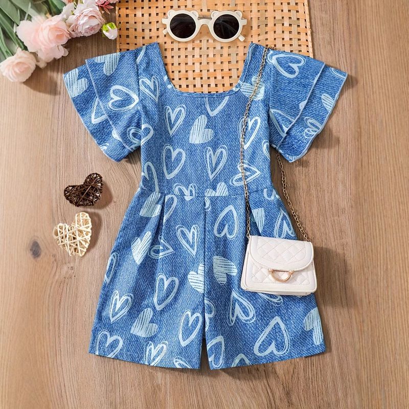 Mother & Kids INS Girls Summer Denim Print Jumpsuit Love Pattern Jumpsuit_voghion.com