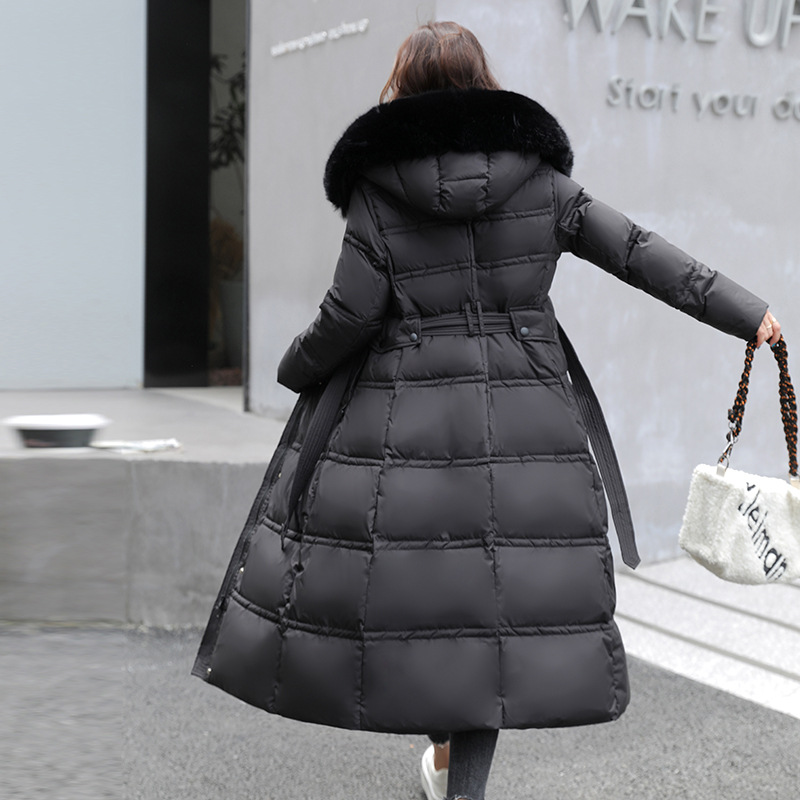Damenbekleidung Daunenbaumwoll-Damenjacke mit langem Overknee-Gürtel und schmaler Passform_voghion.com