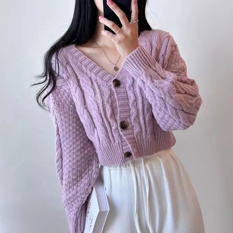 Fried Dough Twists pattern long sleeve V-neck short knitting jacket South Korea chic2024 autumn winter lazy sweater_voghion.com