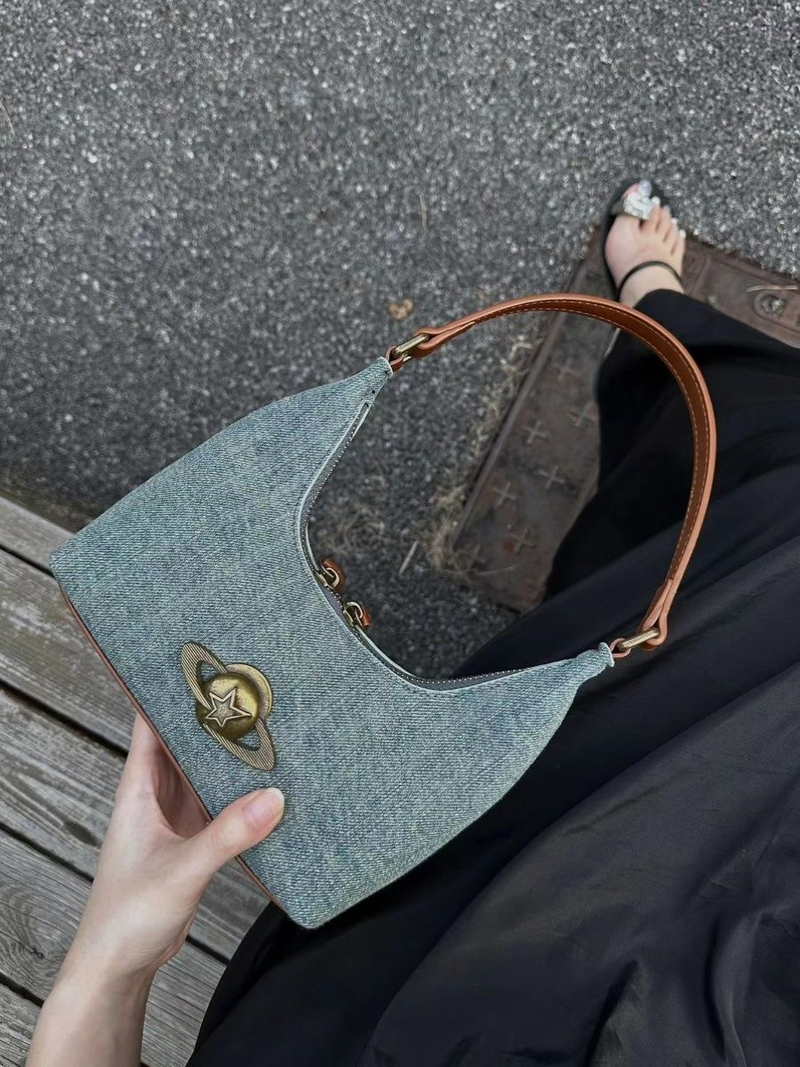 Wandering Planet Denim Niche Underarm Bag Women's 2023 New High-end Retro Shoulder Bag Commuting Handbag_voghion.com