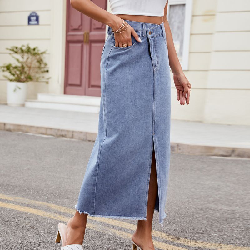 Damen-Maxirock im Used-Look aus Denim – Langer Sommerrock mit asymmetrischem Saum und hohem Schlitz_voghion.com
