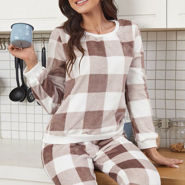 Damkläder pyjamas förtjockad varm flanell långärmad hemklädesset för kvinnor_voghion.com