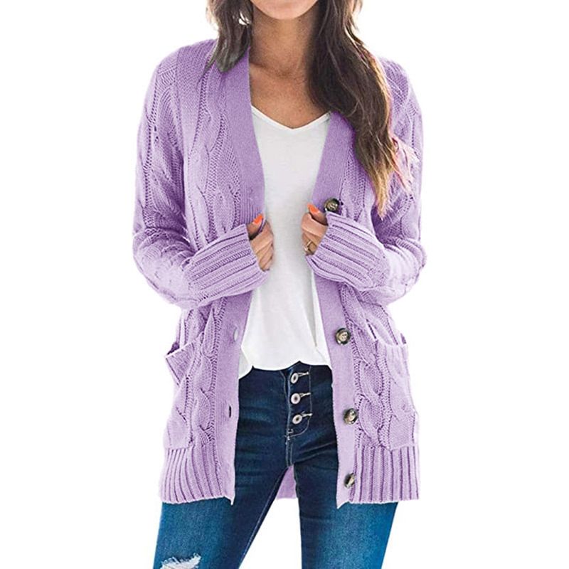 Damen neuer Herbst und Winter lässiger einreihiger Twist-Strickpullover mit V-Ausschnitt und Strickjacke_voghion.com