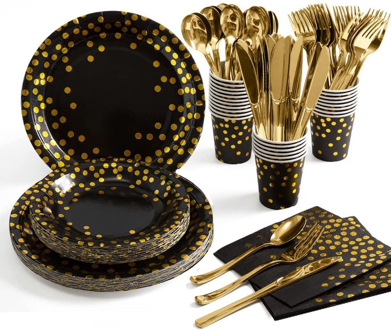 7-inch 9-inch paper tray gold dot set disposable paper tray, party paper tray, knives, forks, spoons, tissues, tablecloths_voghion.com