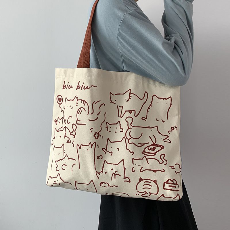 2024 Design Cute Animal Handdrawn Illustration Single Shoulder Bookbag Art Large Capacity Canvas Bag Female_voghion.com