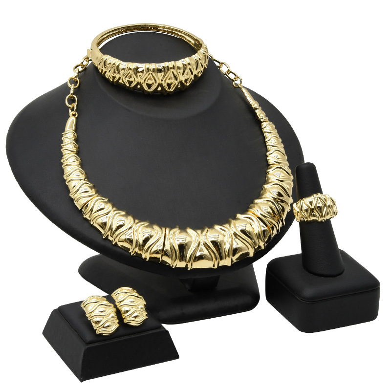 Dubai gold bridal wedding necklace earrings ring bracelet Indian women's banquet jewelry set foreign trade_voghion.com