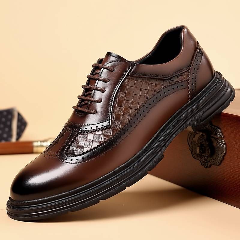 Fashionable Men's New British Black Business Formal Wear Derby Shoes Lace-up Leather British Brown Banquet Dress Wedding Leather Shoes_voghion.com