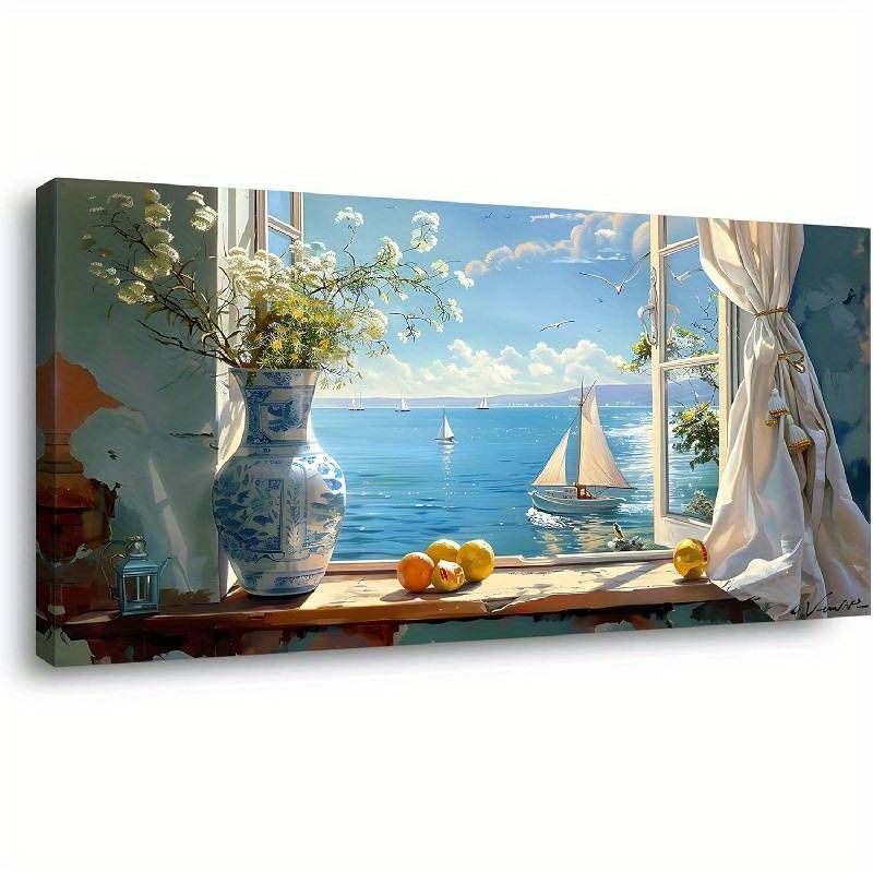 Serene Coastal Window View Art Canvas Prints Painting - Tranquil Blue Seascape, Flower Vase & Sailboat, Framed Wall Decor For Bedroom Or Living Room_voghion.com