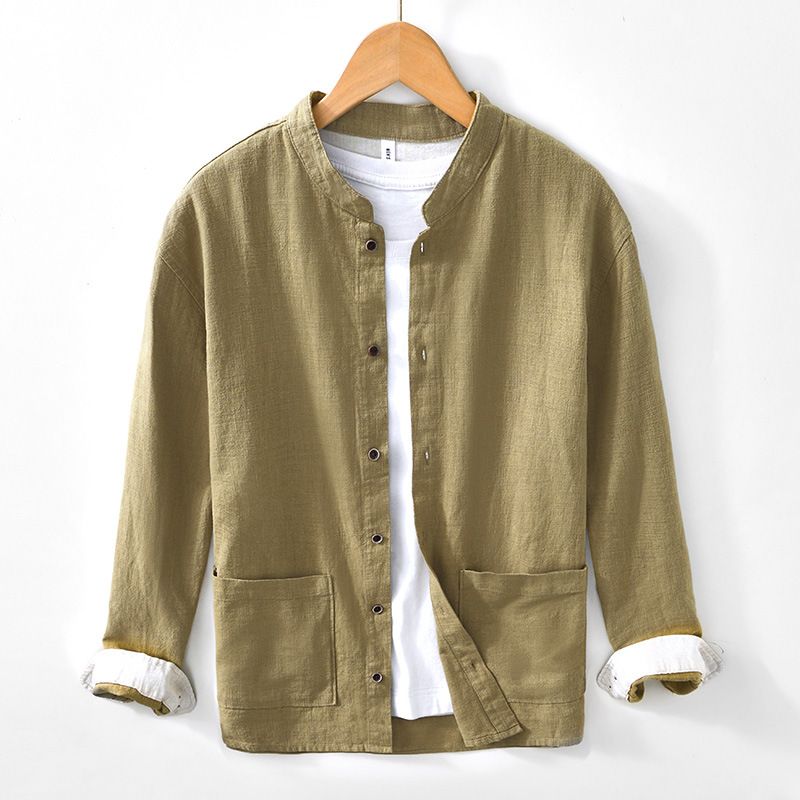 Camicia a maniche lunghe in ramiè con colletto alto in stile cinese, camicia casual in lino traspirante per uomo_voghion.com