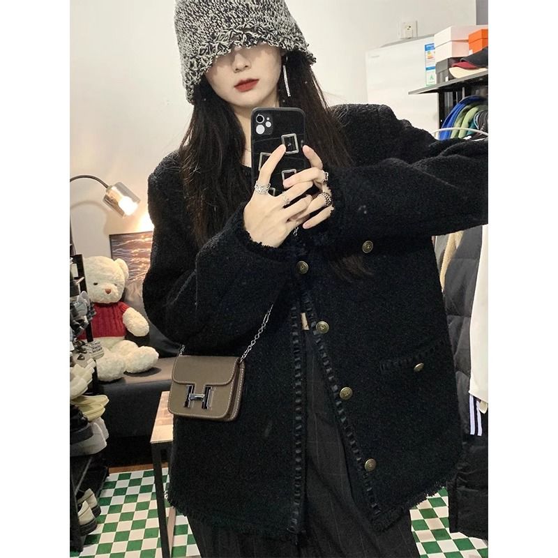 Black small fragrant style jacket for women's autumn and winter 2024 new Korean version niche design temperament top_voghion.com