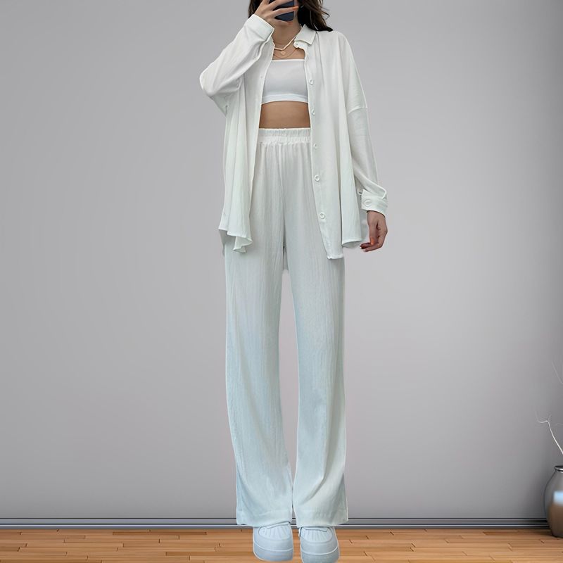 Abbigliamento da donna, moda donna, casual, taglie forti, estivo, camicia a vita alta, pantaloni a gamba larga, completo da viaggio_voghion.com