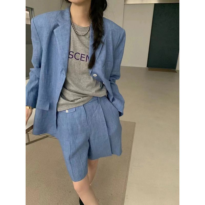 Damenbekleidung Langarmanzugjacke Schrägtaschen-Design Lässiges Shorts-Set_voghion.com