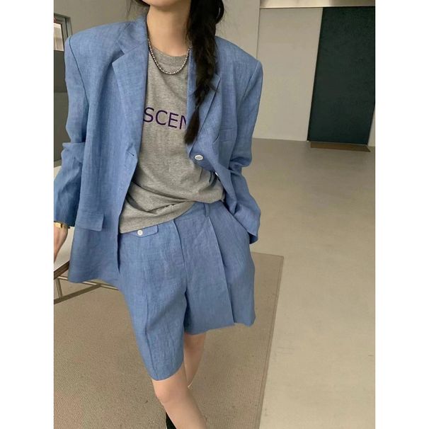 Damenbekleidung Langarmanzugjacke Schrägtaschen-Design Lässiges Shorts-Set_voghion.com