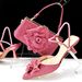 Zapatos de mujer Conjunto de bolso y zapatos de punta puntiaguda para mujer Correa cruzada de diamantes en el tobillo Bolso de mano trapezoidal con decoración de flores moldeable Exquisito diamante caliente_voghion.com
