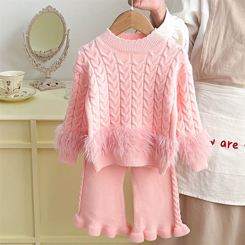 Mother & Kids Girls Sweater Suit Autumn And Winter New Style Korean Style Solid Color Twisted Fur Knitted Long Sleeved Pants Two Piece Suit_voghion.com