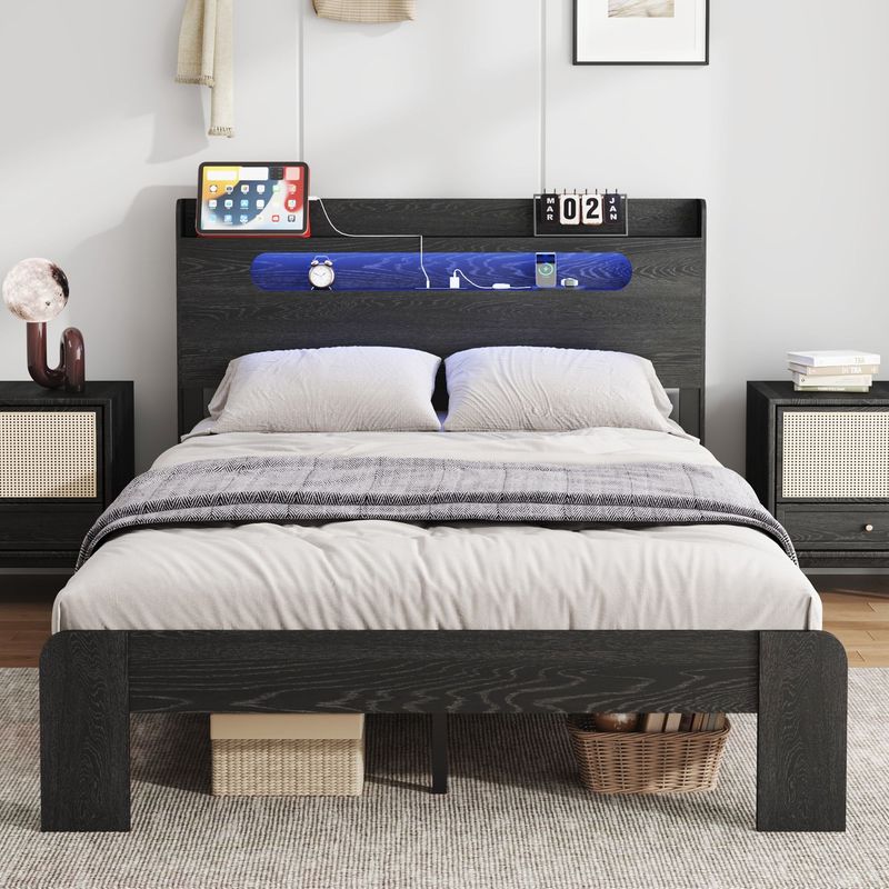 Bed Frame Full Size, Wood Platform Bed Frame With Storage LED Light Headboard And 2 USB , Noise Free,No Box Spring Needed And Easy Assembly Tool,Large Under Bed Storage,Black_voghion.com
