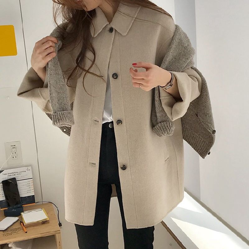 Camel Fashion Damen-Wollmantel, kurz, einreihig, 2024, neuer Windjacke, lockerer Wollmantel_voghion.com