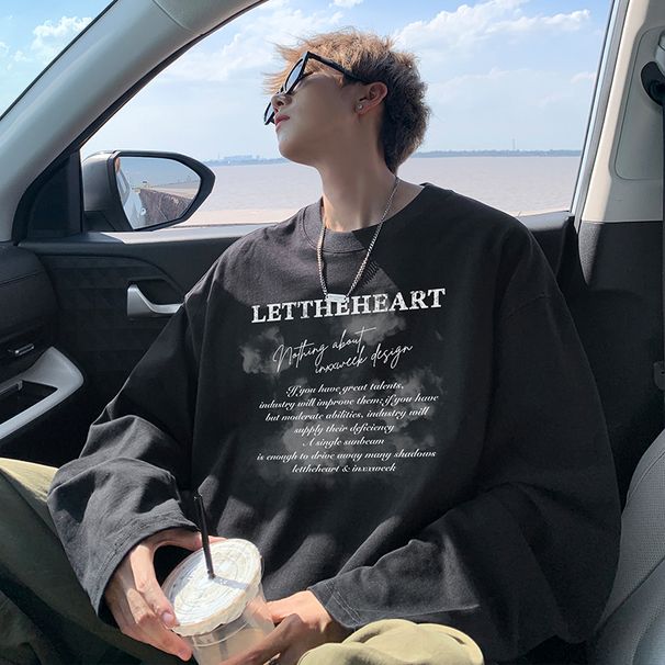 American Style Pure Cotton Long Sleeve T-Shirt Men, Loose Fit Large Size Sweatshirt, White Inner Layer Top, Men's Base_voghion.com