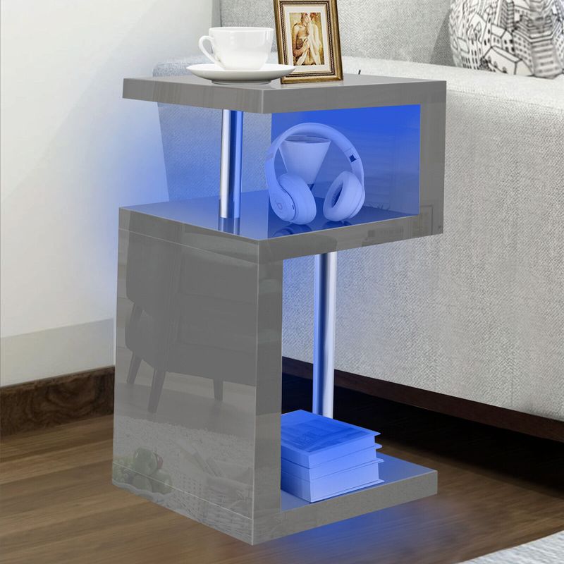 High Gloss Side Coffee Table 2 Tier Bedside End Table With LED Light Living Room_voghion.com