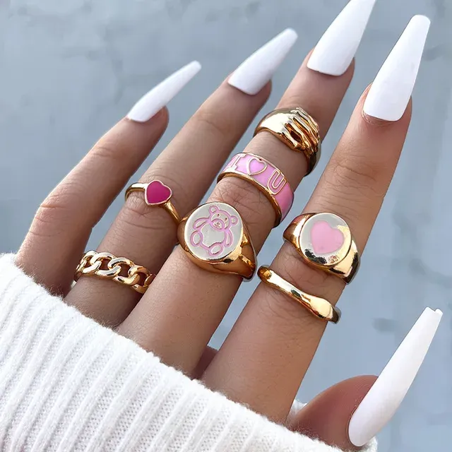 Vendite calde Boho Butterfly Kunckle Ring Set per le donne Rosa Smalto Fiore Geometrico Anelli per le dita Gioielli da festa di moda femminile_voghion.com