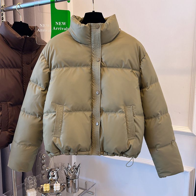 Damenbekleidung Koreanische Version kurzer Stehkragen kleine Wintermäntel Baumwolljacke für Damen einfache lockere Version Reißverschluss Pufferjacke einfarbig_voghion.com