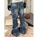 Industrial Washed Blue Distressed Straight Flared Jeans | Asian Cleanfit Style | Water Ripple Texture | Men's Relaxed Fit_voghion.com