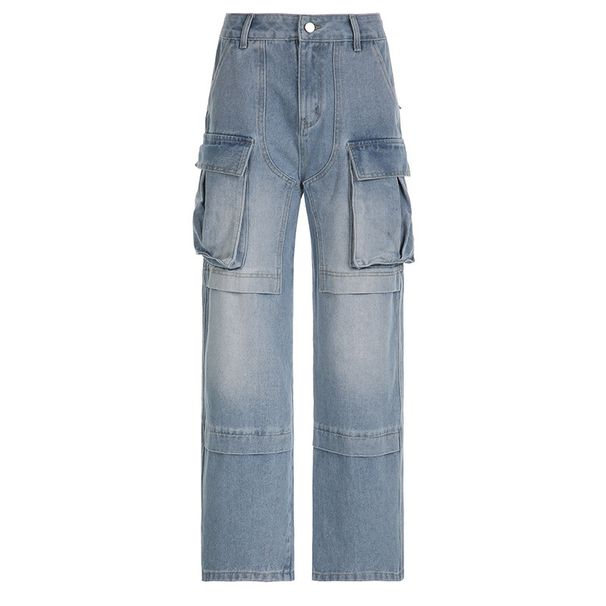 Women's Clothing Street Fashion Symmetrical Pocket Split Loose Washed Overalls Multi Pocket Jeans_voghion.com