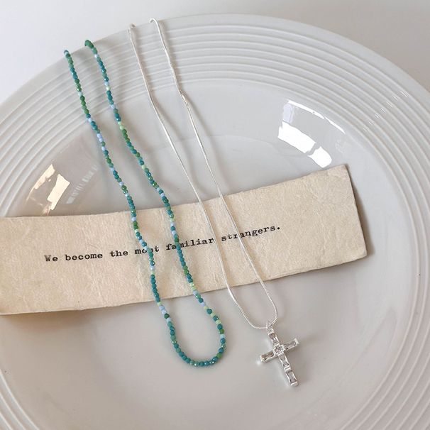 Collana con croce di perline a doppio strato sbiancante al gusto di menta, accessorio per clavicola con catena di personalità, stile 2024, per donna_voghion.com
