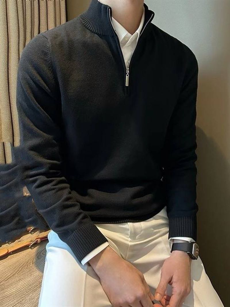 Men's Clothing Sweater long sleeve half turtleneck zipper bottoming sweater _voghion.com