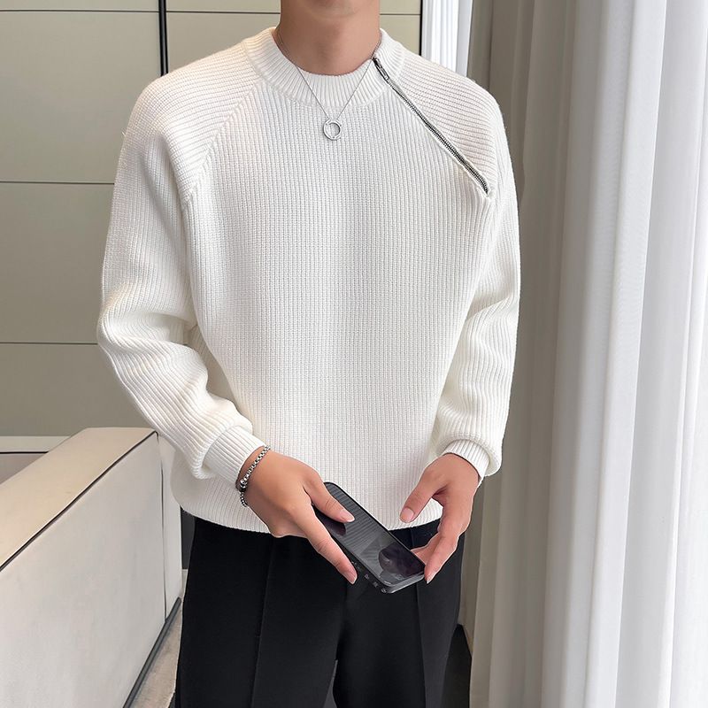 Neuer modischer Rundhalsausschnitt im faulen Stil mit diagonalem Reißverschluss, einfarbig, leicht ausgereift, trendige Marke, Herren-Winter-Strickpullover, Pullover_voghion.com
