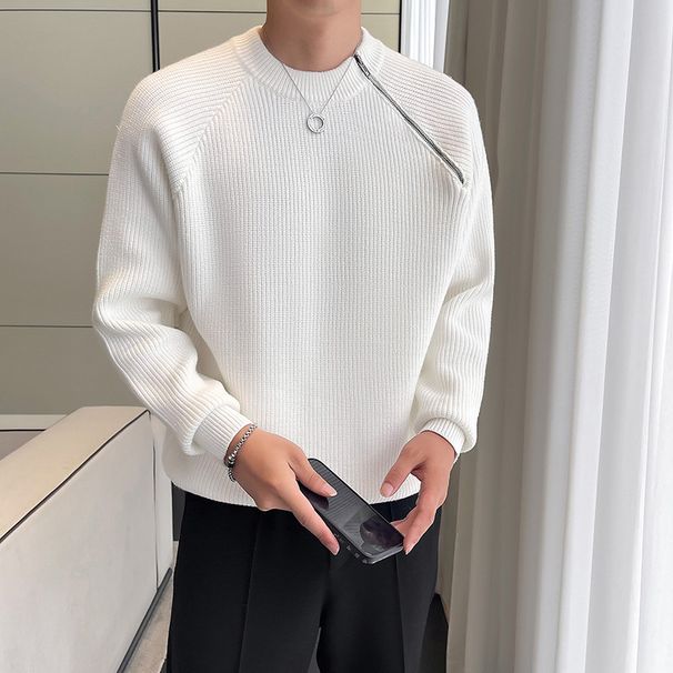 Neuer modischer Rundhalsausschnitt im faulen Stil mit diagonalem Reißverschluss, einfarbig, leicht ausgereift, trendige Marke, Herren-Winter-Strickpullover, Pullover_voghion.com