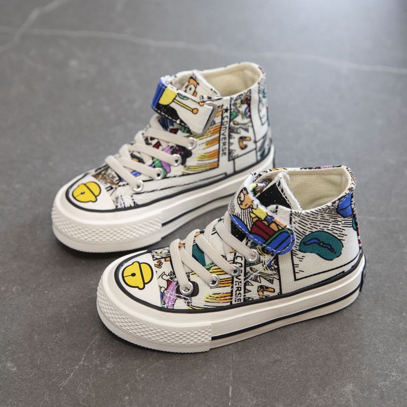Children's High Top Canvas Shoes Spring Girls' Shoes Boys' Board Shoes Velcro Children's Cloth Shoes Graffiti Shoes_voghion.com