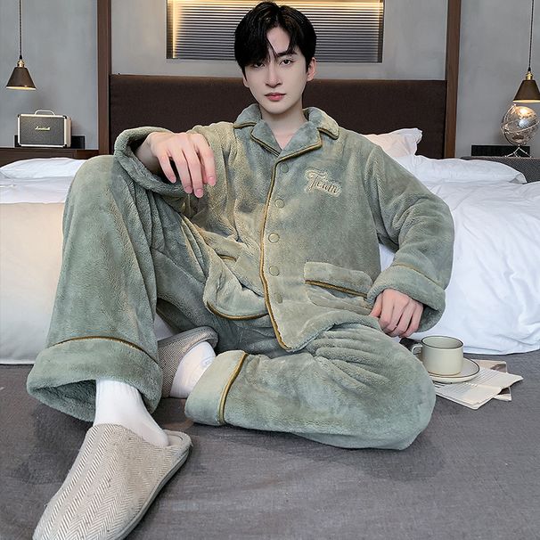 Podzimní a zimní pánská souprava s tlustým korálovým pyžamem a sametovým teplým flanelovým kardiganem, domácí oblečení, nová edice 2024_voghion.com