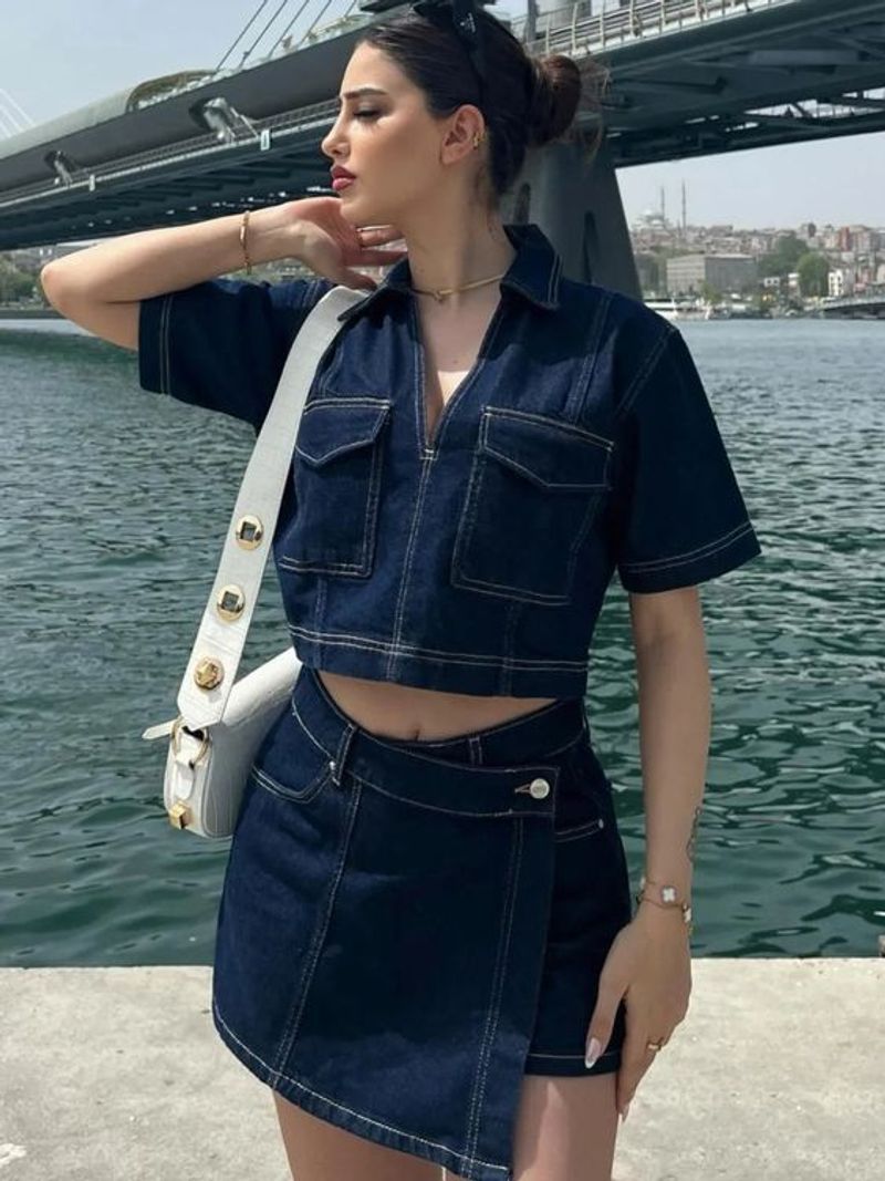 Women's Clothing Workwear Denim Suit Skirt Pants Women Summer V Neck Short Sleeved Top Summer Women Hot Girl High Waist Irregular Jeans Skirt_voghion.com