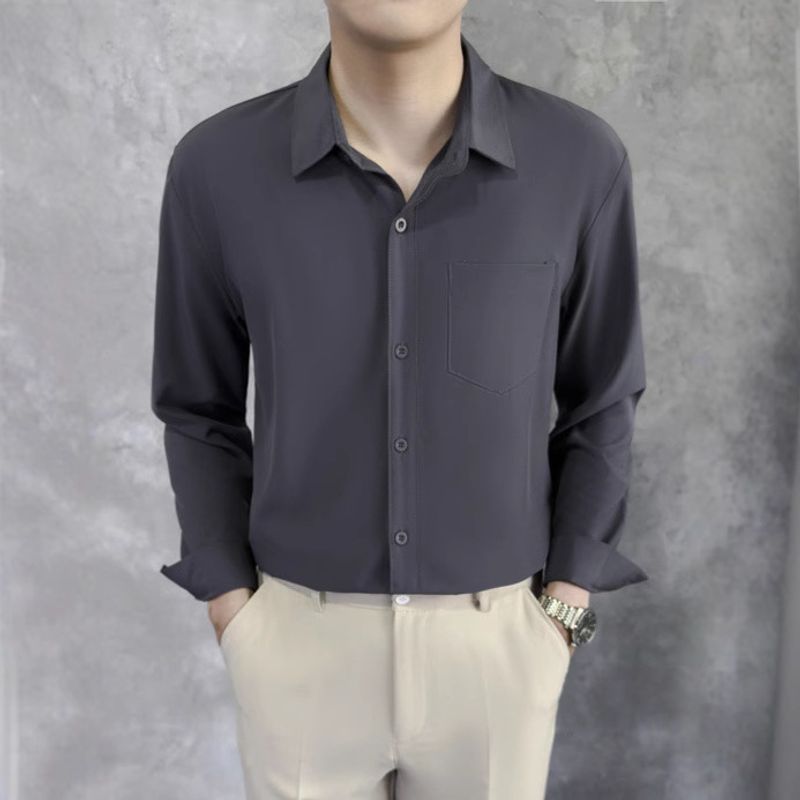 Long Sleeved Shirt For Men, Trendy And Fashionable Men, Slim Fit And Casual Men, Solid Color And Drape Shirt_voghion.com