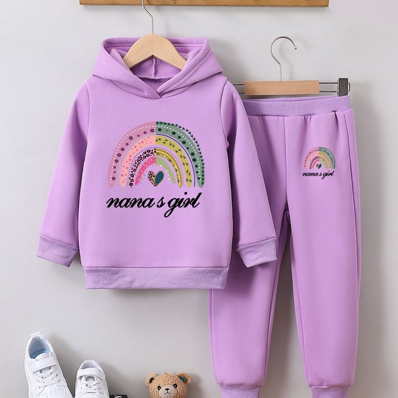 Mädchen Buchstaben Cartoon Muster Casual 2 Stück Set, Vielseitige Kapuzen Sweatshirt Lose Hosen, Niedlich, Leicht_voghion.com