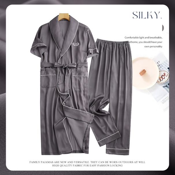 Camicia da notte estiva da uomo in seta di ghiaccio di media lunghezza di grandi dimensioni, pigiama da uomo sottile estivo fresco, vestiti per la casa, set da tre pezzi_voghion.com