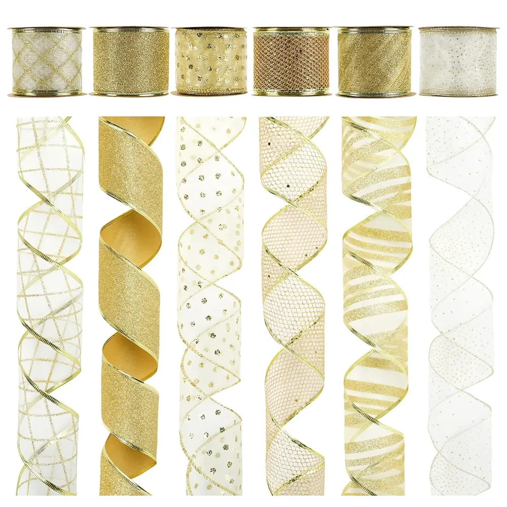 Gold and White Ribbon for Christmas Trees - 2.5 Inch, 6 Rolls, 36 Yards - Gold Wire Mesh Ribbon for Wreaths and Tree Decoration_voghion.com