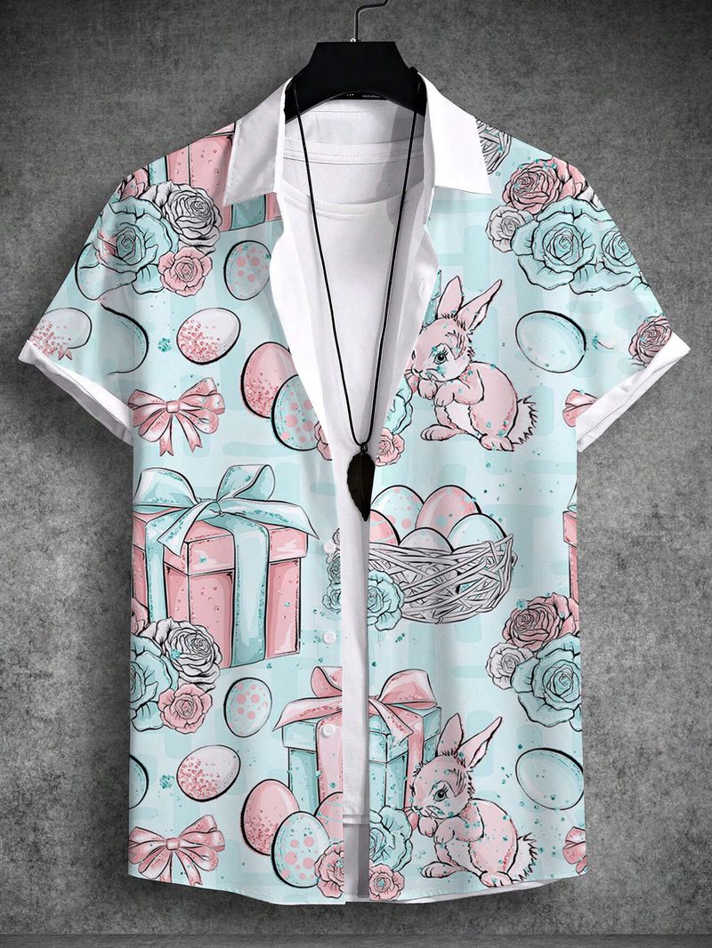 Unisex-Hemd Sommer Hawaiian Kaninchen Ei Frohe Ostern Turndown Outdoor Street Kurzarm Button-Down-Print Herrenbekleidung_voghion.com