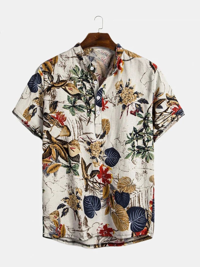 Camicia a maniche corte in cotone e lino, nuova camicia casual da uomo in stile nazionale con colletto alla coreana e fiore vegetale_voghion.com