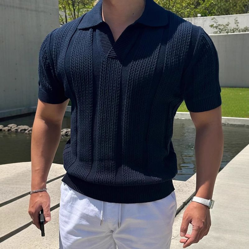 Men's Clothing White Hollow Knitted Polo Shirt Men's Summer Trend Business Commuting Breathable Versatile Loose Short Sleeved T Shirt Top_voghion.com
