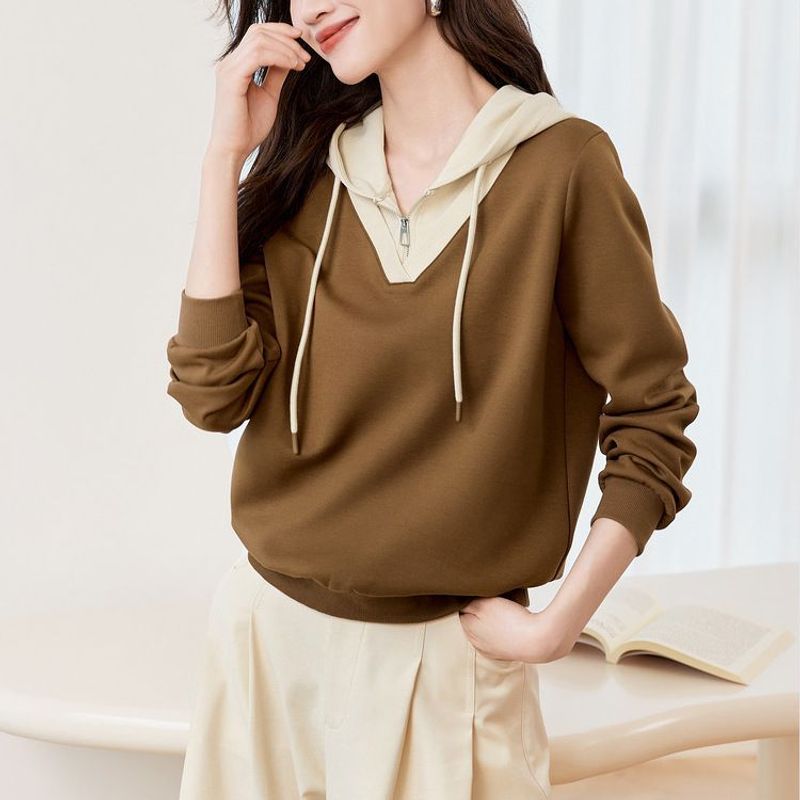 Casual Zipper Comfortable 2023 Autumn New Style Luxury Contrast  Two Piece Splicing Hoodie for Women_voghion.com
