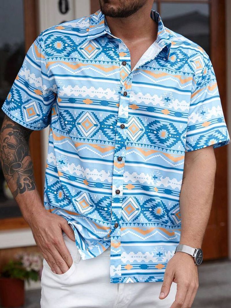 Herrenbekleidung Herren Casual Tops Sommer Dünn Leicht Elastisch Western Print Herren Kurzarmhemd_voghion.com